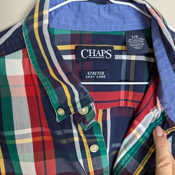 Chaps Easy Care Stretch Multicolor Plaid Long Sleeve Button Down Large Red Blue - Picture 4 of 8